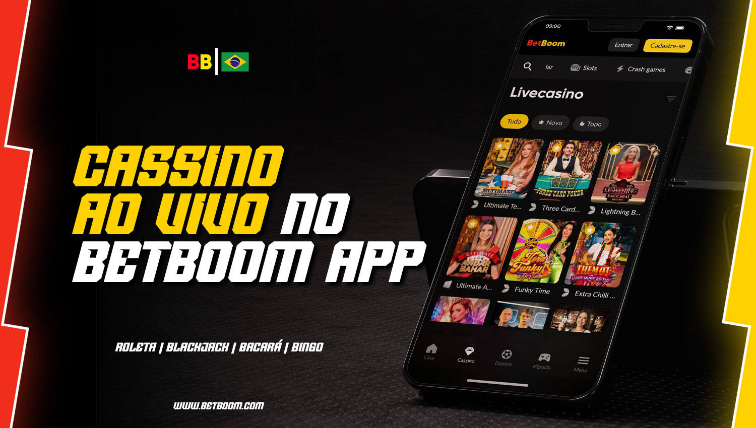 Cassino Ao Vivo no aplicativo móvel BetBoom Brasil